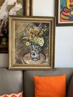 Artista de misterio firmado EN 66.  Pintura al óleo enmarcada vintage 26”x30” - FLORES Foto 1 de 4