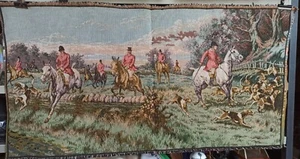 ANTIQUE FRENCH TAPESTRY WALL HUNTING DOGS & HORSES SCENE VICTORIAN GOBLYS  - Picture 1 of 10