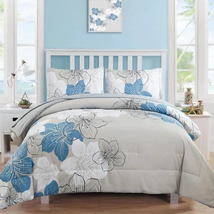 Floral Comforter Set Queen, Blue Floral Printed on Light Grey, Soft M - Picture 1 of 7