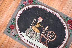 Antique American Hook Hooked Pictorial Rug Size 2'4''X3'3'' - Picture 1 of 5