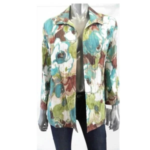 Alfred Dunner Women Blazer Jacket 8 Green White Brown Crinkled Floral Open Front - Picture 1 of 2