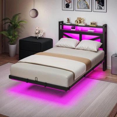 Twin/Full Size LED Metal Floating Bed Frame with Charging Station For Bedroom - Image 1 of 4