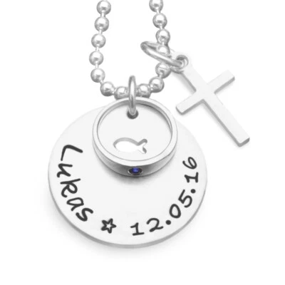 SAMAVAYA Taufgeschenk Jungen Gravur GESEGNET FISCH 925 Silber Namenskette Taufring Kreuz
