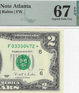 1995 $2 ATLANTA * STAR * ⭐️ FRN. PMG Superb Gem Uncirculated 67 EPQ Banknote. - Picture 1 of 3