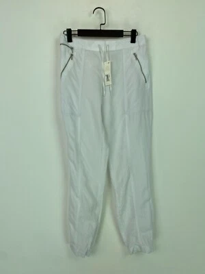 Next White Solid Casual Drawstring Zip Pocket Linen Blend Trousers UK 10 New - Image 1 of 4