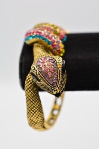 Vintage Snake Bangle Bracelet Multi-Color Rhinestone Crystal Antiqued Gold Bin8