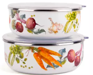 2 pc Harvest Kitchen Storage Containers Stackable Enamel Bowls Meal Prep - Picture 1 of 7