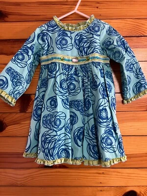 Baby Lulu Embossed Flower Dress w/Gems EUC Girls Blue w/Yellow Trim Size 2T - Image 1 of 4