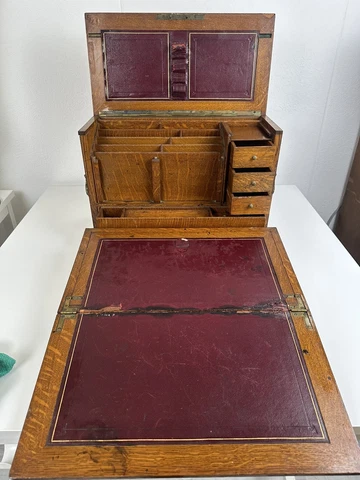 Antique 19th Cen Campaign Box Stationery Victorian Writing Box Oak Travel Desk Cover