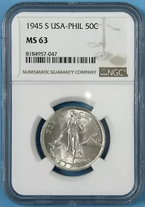 Philippinen USA 1945 S 50 Centavos Silbermünze schön weiß Stempelglanz NGC MS 63 KM# 183 - Bild 1 von 2
