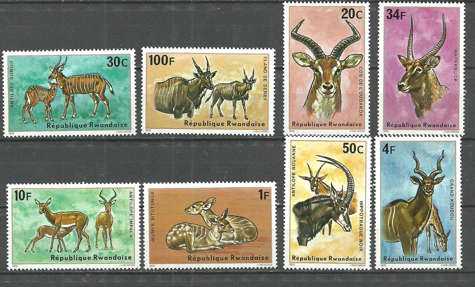 Ruanda 1975 fauna mamíferos antílopes - Juego completo de 8 estampillas MNH Foto 1 de 1