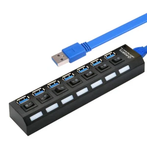 USB 2.0 Hub 7 Port On/Off Switch High Speed Splitter AC Adapter Cable PC Laptop - Picture 1 of 17