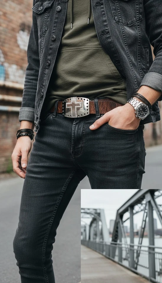 Uomo Abito Western Cintura Fibbia Argento Croce Strass Matrimonio Chiesa Formale - Immagine 1 di 4