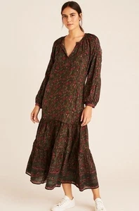 Natural Life Maxikleid Medium Grün Rosa Blumen Stufen Langarm Cottagecore - Bild 1 von 6