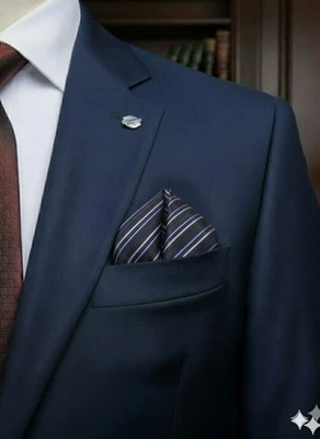 Cuadrado de bolsillo nuevo sin etiquetas mezcla seda/poliéster, 9,5" X 9,5", negro/azul/gris, a rayas. Foto 1 de 4