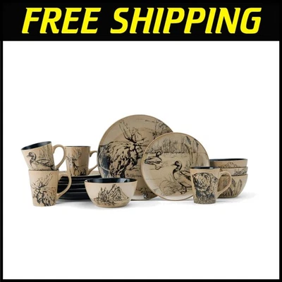 Elegante juego de vajilla de 16 piezas con estampado de animales - Servicio para 4 en negro y beige Foto 1 de 4