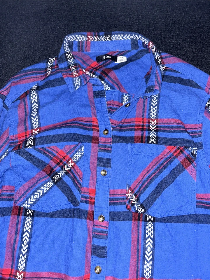 BDG Mens Medium Button Down Shirt Blue/Red Plaid and Aztec Pattern - Image 1 of 4