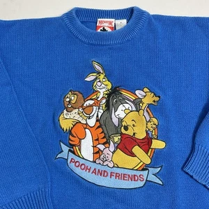 Pooh And Friends Mickey Inc Sweater Adult Medium Blue Knit Embroidered Vintage - Picture 1 of 13