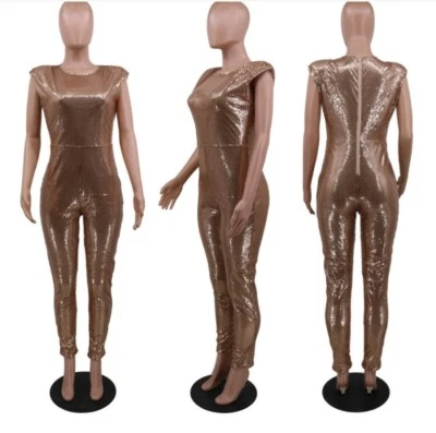 Mujeres Cintura Alta Sin Mangas Lentejuelas Sexy Club Nocturno Body Fiesta Mono #Q8 Foto 1 de 2