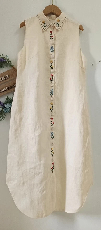 Vestido camisero bordado 100 % lino - crema talla L Foto 1 de 4