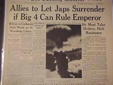 VINTAGE NEWSPAPER HEADLINE~WORLD WAR 2 JAPAN  ATOMIC BOMB NAGASAKI END WWII 1945