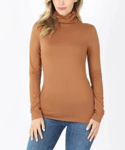 Zenana Deep Camel Turtleneck Long-Sleeve Microfiber Tee Women Size XL - Picture 1 of 1