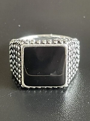 Квадратный черный обсидиан драгоценный камень S925 серебро покрытием мужчин женщин кольцо размер 9 - Изображение 1 из 4