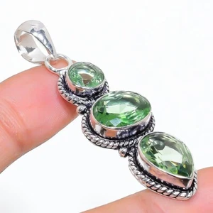 Green Amethyst Gemstone Handmade 925 Sterling Silver Jewelry Pendant Size 2" - Picture 1 of 1