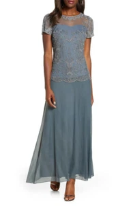 Pisarro Nights Beaded Illusion Neck Chiffon Gown Petite SZ 8P Blue Grey - Picture 1 of 2