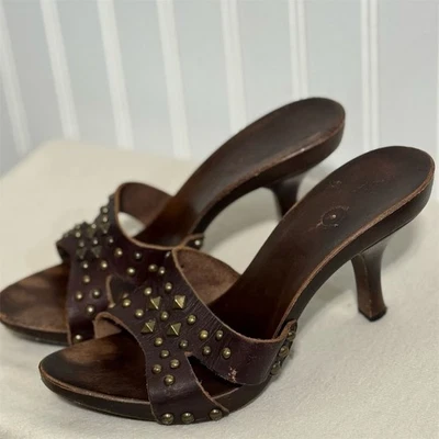 Vtg 90s Y2K Brown Studded Leather Wood Heel Mule Sandals Slides 6.5 Made Italy - Image 1 of 4
