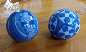 Set of 2 Antique Chinoiserie Carpet Balls Blue & White Porcelain Sphere 3" - Picture 1 of 3