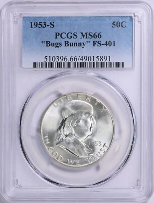 1953-S Franklin Silver Half Dollar PCGS MS-66 Bugs Bunny FS-401 Mint Error - Image 1 of 4