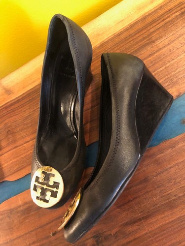 Scarpe Tory Burch tacco zeppa donna misura 7 5M nero pelle oro logo slip on
