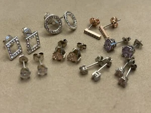 Sterling Silver 925 CZ Pink Heart Solitaire Pave Circle Stud Earrings Lot - Picture 1 of 4