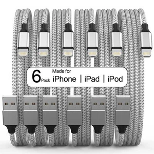 Silver & Grey 6-Pack Charging Cables for iPhone 14/13/12/11 [3/3/6/6/6/10Ft] - Picture 1 of 7