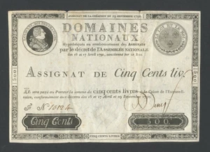 FRANCE  500 francs 1790 Assignat Very Fine TTB World Paper Money - Picture 1 of 2