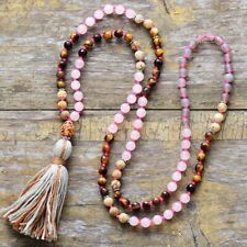 Beaded Tassel Lariat Necklace with Rose Quartz, Agate and Tigers Eye Stones