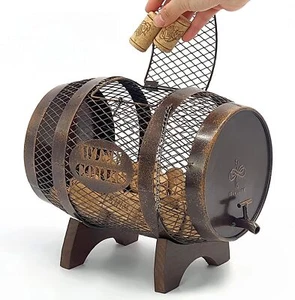 Rustic Metal Large Barrel Wine Cork Holder Display On Wooden Stand, Wine Love... - Picture 1 of 9