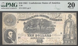 T-30 SWEET POTATO DINNER $10 1861 CONFEDERATE PAPER MONEY - PMG BANK NOTE VF 20 - Picture 1 of 4