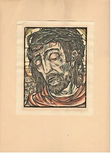 Original xilografía Cristo con corona de espinas, coloreado firmado a mano - Imagen 1 de 2