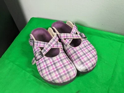 Birkis Birkenstock Mules Clogs Purple Leather Plaid Print Size 11 - Image 1 of 4