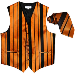 New formal men's tuxedo vest waistcoat & necktie vertical stripes black gold - Picture 1 of 4