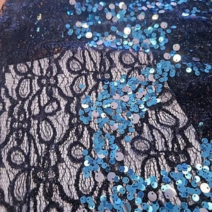 2 1/2 Teal Sequin Fabric Floral Lace Paillettes Fancy Special Occasion - Picture 1 of 2