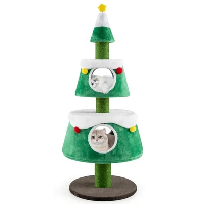 Christmas Cat Tree for Indoor Cats w/ 2 Condos Sisal Scratching Posts Spring Toy - Image 1 of 4