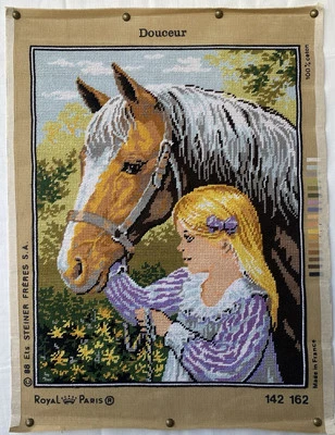 Completed Royal Paris Needlepoint Tapestry 142162 'Douceur' Girl Horse 38 x 48cm - Image 1 of 4