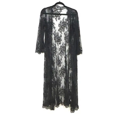 Black Lace Duster Kimono Long Sheer Cardigan Witchy Gothic Whimsigoth Festival - Image 1 of 4