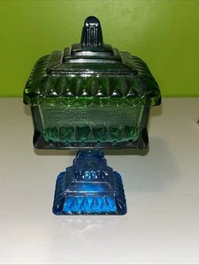 Vintage JEANNETTE GLASS 7" Compote Bowl Dish With Cover - WEDDING BLUE-GREEN - Picture 1 of 12