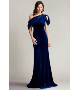 TADASHI SHOJI Navy Copley Drape Twist Cold Shoulder Velvet Bodycon Gown M = 8 💙 - Picture 1 of 5
