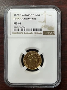 1875H Germany 10 Mark Gold HESSE-DARMSTADT MS 61 NGC - Picture 1 of 4