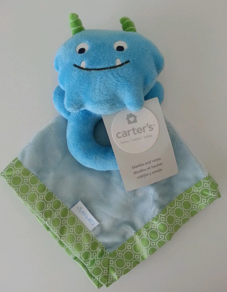 Carters Peluche Monstruo Sonajero y Manta de Seguridad Azul Verde Blanco Lovey Nuevo Foto 1 de 1